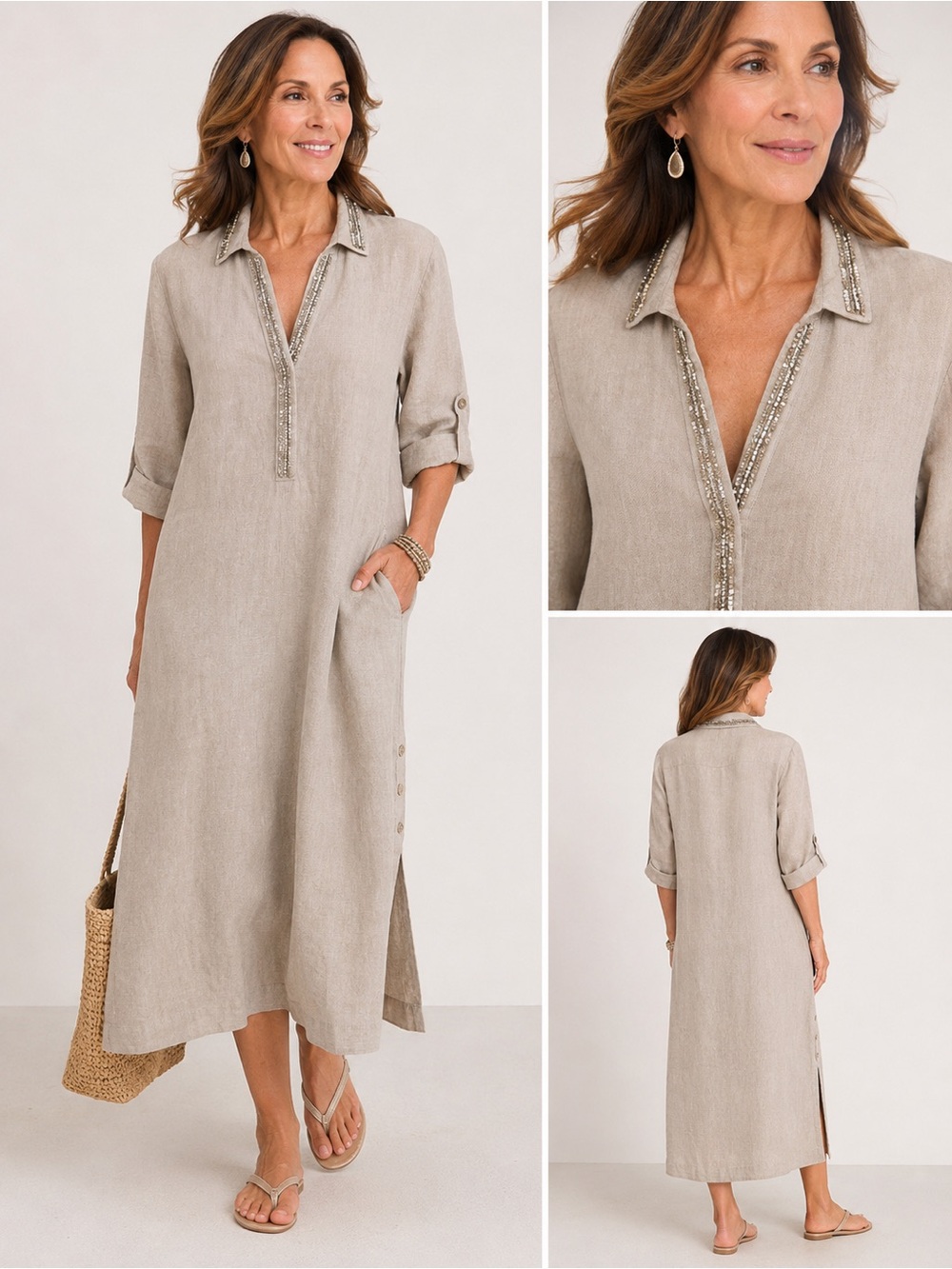 Chico's Taupe Beaded V-Neck Linen Cover-Up Sz 10 NWT